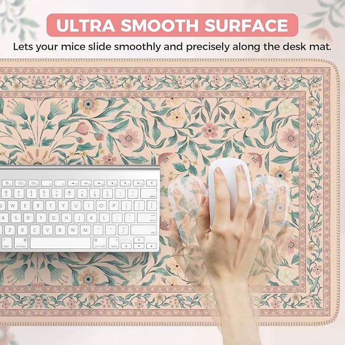 iLeadon Desk Mat for Keyboard and Mouse, Cute Mouse Pads for Computer, Non-Slip Floral Gaming Mousepad 35.4x15.7 Inch, Pink Desk Mat with Stitched Edges for Home Office (Pink)