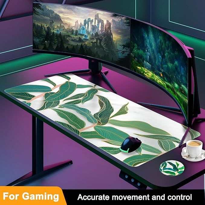 Large Gaming Mouse Pad with Coaster, Desk Matt for Desktop, Desk Pad, Mouse Pads Mat, Stitched Edges Big Extended Mousepad for Computer Keyboard Laptop Office Decor, 31.5'' x15.6''-Leaves 4