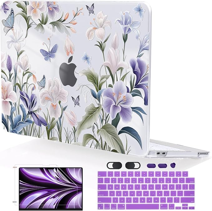 for MacBook Neo 13 inch Case 2026 A3404 with A18 Pro Chip, Anti-Scratch Slim Pattern Plastic Hard Shell Case 13-inch Neo Protective Cover with Keyboard Cover & Screen Film, Purple Flowers