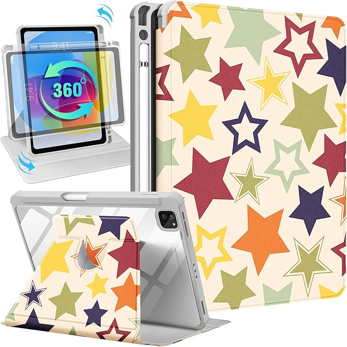 Uppuppy for iPad Air 11 inch Case(Air M4 2026, 8th Gen/M3 2025/M2)/Air 5th/4th Gen 10.9", for iPad Pro 11 inch Case(4th/3rd/2nd/1st Gen) - 360 Rotating Smart Folio Cover with Pencil Holder, Stars