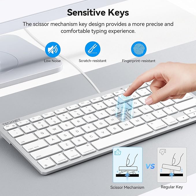 TECKNET Wired Keyboard for MacOS Devices with Dual Interface, Slim Mac Keyboard, Comfortable Ergonomic Typing Angle & Stable Connection for PC/Laptop, Compatible with MacBook, iMac, Mac mini/Pro