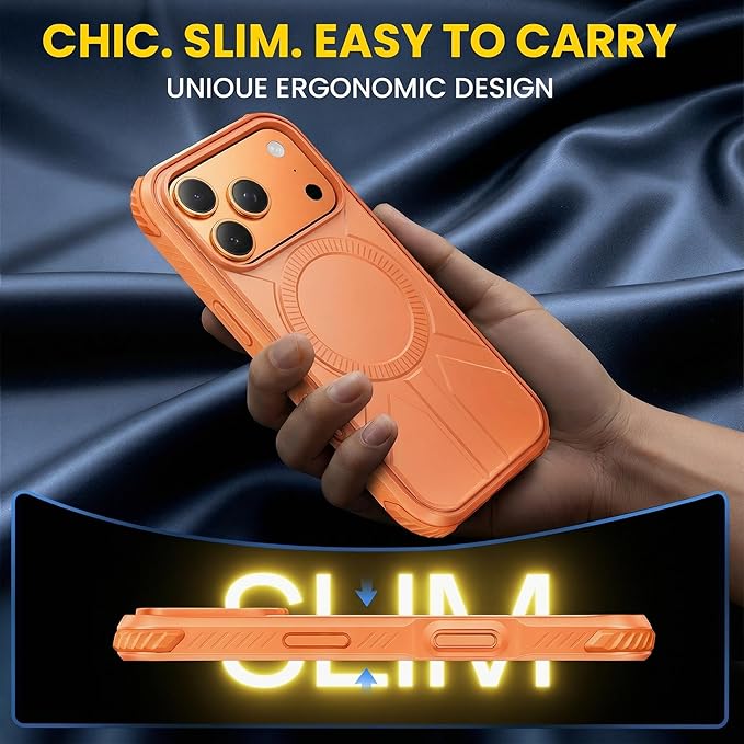 3 in 1 for Heavy Duty iPhone 17 Pro Max Case with Screen Protector & Camera Lens Protector ,7X Military-Grade Drop Protection ,Fits MagSafe ,Rugged & Slim shockproof Case for iPhone 17 Pro Max, Orange