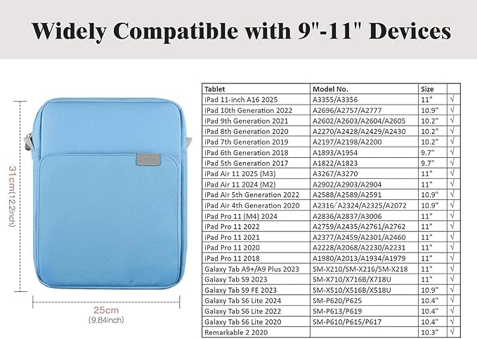 TiMOVO 9-11 Inch Tablet Sleeve Bag with Shoulder Strap for iPad 11-inch A16 2025, iPad 10th Gen. 10.9"/10.2", Galaxy Tab A9+/A11Plus 11", Dusty Blue