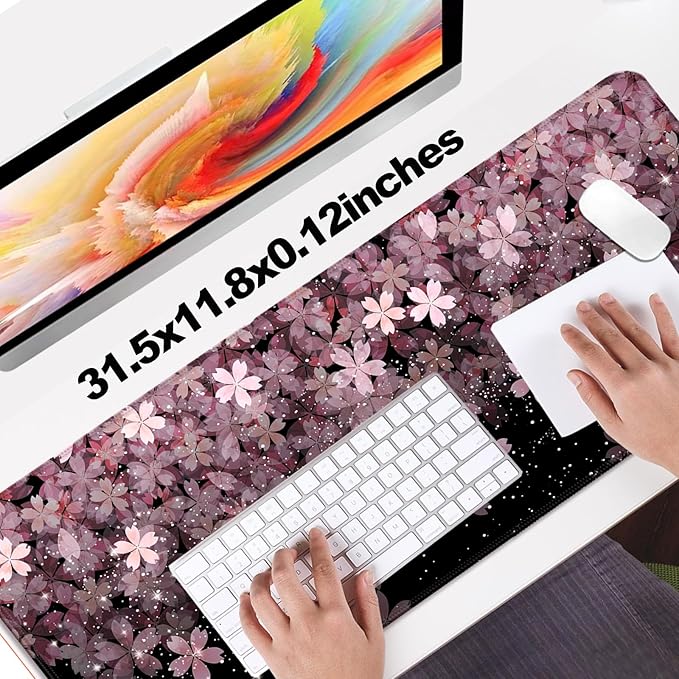 Japanese Cherry Blossom Gaming Desk Mat, Computer Keyboard Large Extended Flowers Mouse Pad for Office and Home, 31.5×11.8 Inches, XL, Black