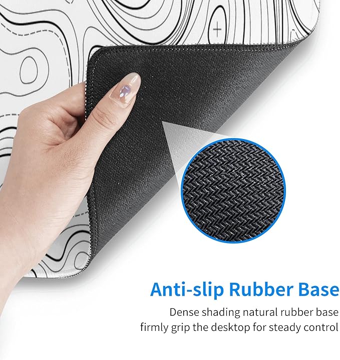 White Topographic Contour XL Gaming Mouse Pad Extended Long Large Mousepad with Stitched Edges Laptop Desk Pad Computer Keyboard PC Mouse Mat Nonslip Rubber Base for Company Office Gamer