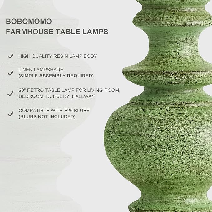 BOBOMOMO 20" Sage Green Table Lamps Set of 2 – Farmhouse Resin Bedside Lamps with Linen Shades, Handcrafted Traditional Rustic Lamp for Bedroom, Living Room, or Corner – Ideal for Small Spaces