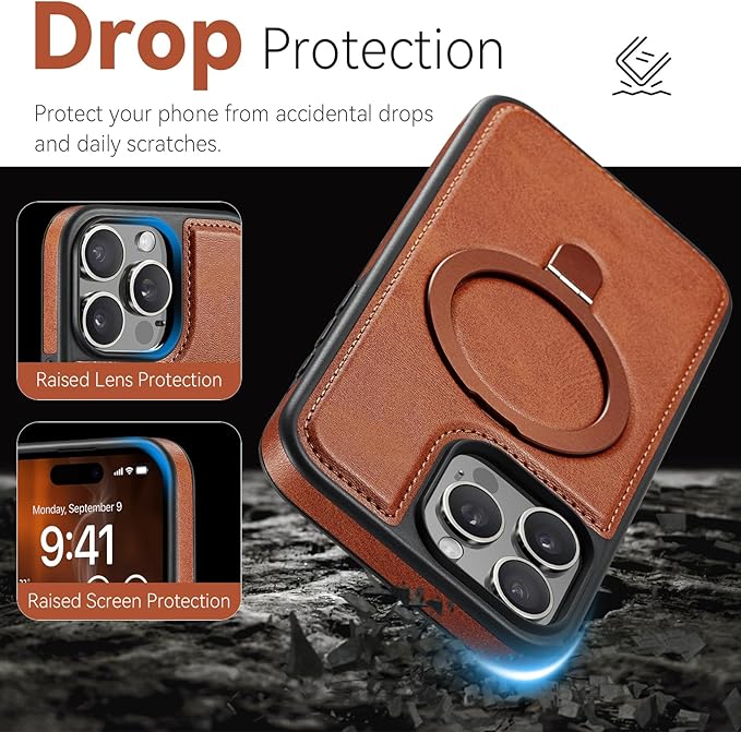 Compatible with iPhone 15 Pro Case with Stand, Compatible with MagSafe, Slim PU Leather & Durable TPU Protective Cover Drop-Proof with Tempered Glass Screen Protector 6.1", Brown
