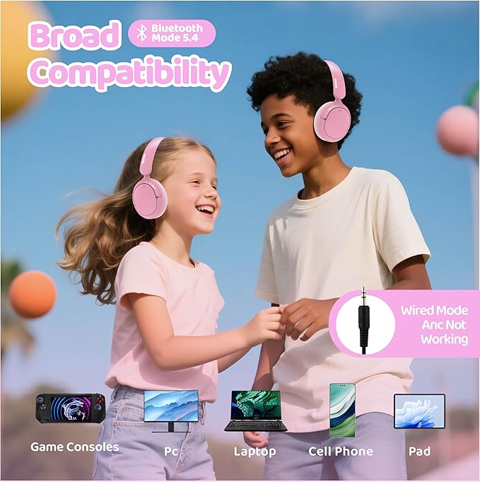 MIDOLA Kids Bluetooth Headphones Active Noise Cancelling,68H Play Time,Lightweight Wireless Foldable Over-Ear Headphone for Kid Toddler,Volume Limited 85/94dB,Headsets with Built-in Mic Pink