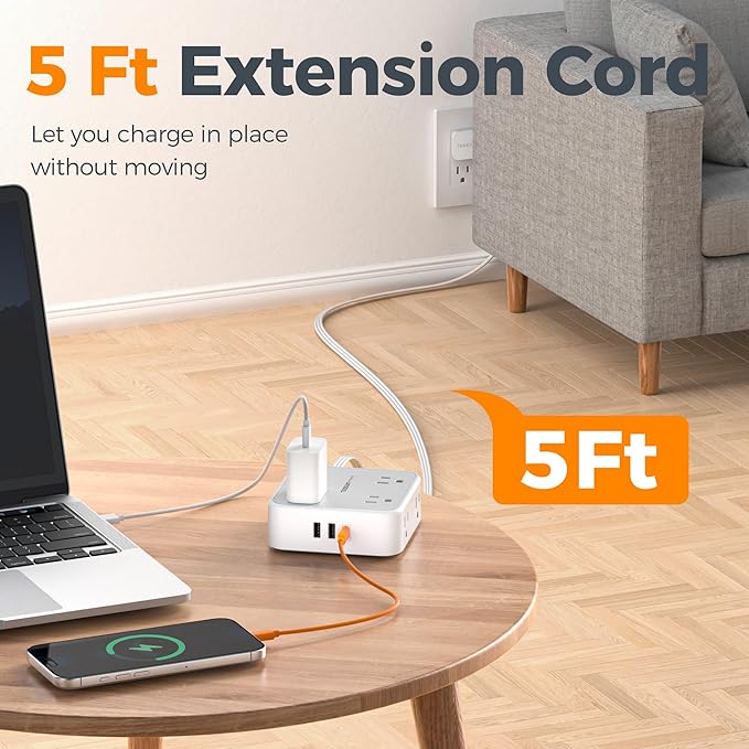 TESSAN Surge Protector Power Strip, 5 Ft Flat Plug Extension Cord with 3 USB (1 USB C 20W PD) 8 Outlets, 1250W, 900J Protection, 3 Sided Outlet Extender with Power Switch for Office, Dorm Room, Grey
