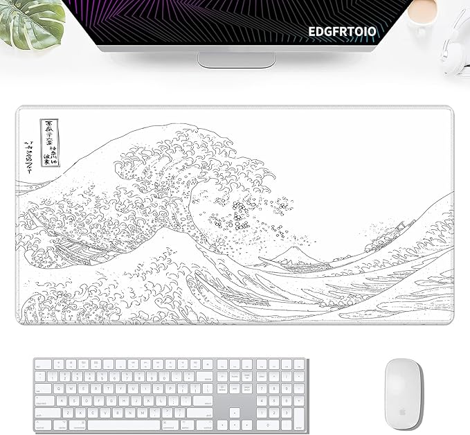 Black and White Large Mouse Pad, Japanese Sea Wave White Desk Pad for Keyboard and Mouse, 31.5" X 15.7" Computer Gaming Mouse Mat with Non-Slip Rubber Stitched Edge for Laptop Gamer