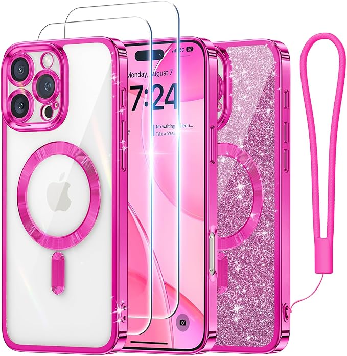 Meifigno Case Designed for iPhone 16 Pro 6.3 Inch, [Compatible with MagSafe] [2X Screen Protectors] [Glitter Card & Wrist Strap] Surround Lens Protection Designed for iPhone 16 Pro Case, Hot Pink
