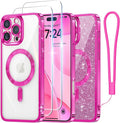 Meifigno Case Designed for iPhone 16 Pro 6.3 Inch, [Compatible with MagSafe] [2X Screen Protectors] [Glitter Card & Wrist Strap] Surround Lens Protection Designed for iPhone 16 Pro Case, Hot Pink