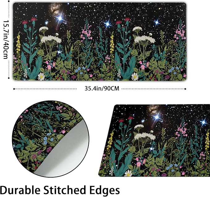 Black Aesthetic Wildflower Large Mouse Pad XXL Space Galaxy Weeds Herb Cute Floral Extended Large Desk Mat Big Desk Pad 90X40 CM Non-Slip Rubber Base Stitched Edge Long Mousepad,35.4 x 15.7 Inch