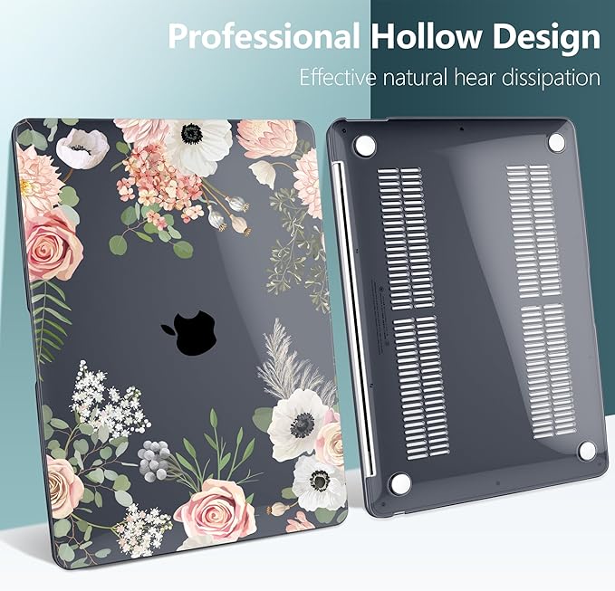 TWOLSKOO for MacBook Air 13.3 inch Case 2021 2020 2019 2018 Release M1 A2337 A2179 A1932 with Touch ID, Plastic Hard Shell Case & Keyboard Cover & Type C Adapter, Rose Flower