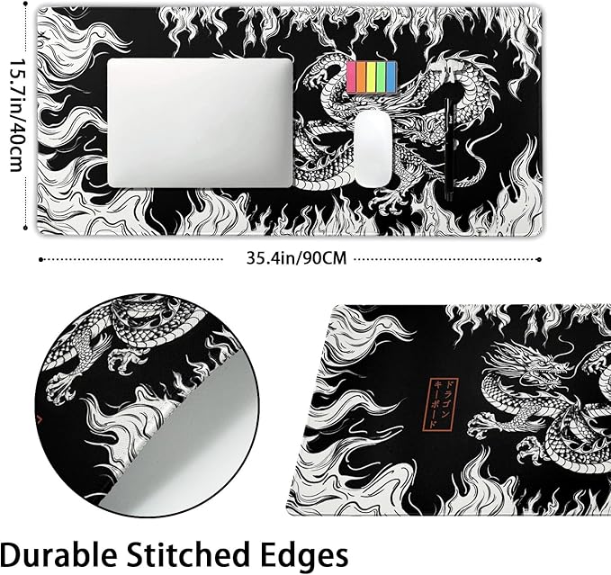 Japanese Dragon Mouse Pad XXL Black White Aesthetic Anime Extended Desk Mat 90X40 cm Non-Slip Rubber Base Stitched Edge Large Mousepad for Gaming Laptop Computer Desktop 35.4×15.7 Inch