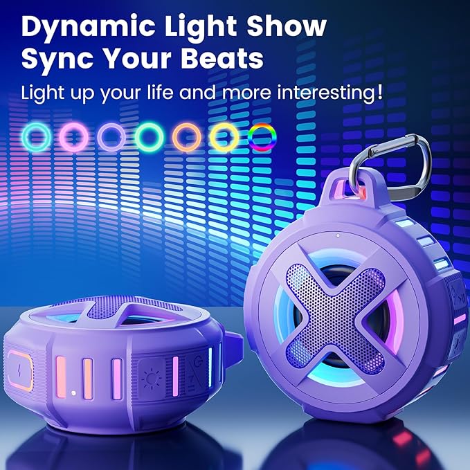 XLeader X8(2 Gen) Upgraded, Bluetooth Shower Speaker, Certified IP67 Waterproof, Small Wireless, Silicone Case, 10W Pro Sound&Deep Bass, 24Hrs Playtime, with Portable Clip, for Beach Kayak Gift Purple