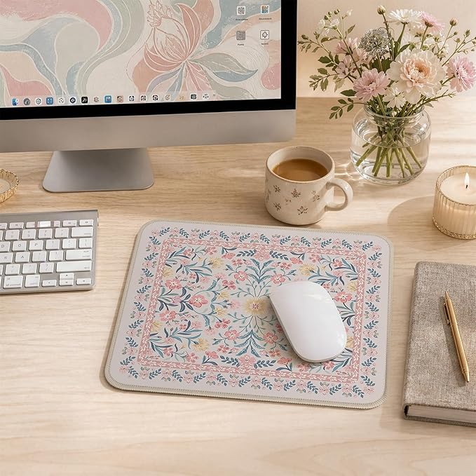 iCasso Aesthetic Small Floral Mouse Pad, Pink Mini Portable Travel Mousepad, Anti-Slip and Comfortable Cloth Mouse Mat 7.9"x9.5" with Stitched Edges for Computer, Laptop, Office, Home(Pink Floral)
