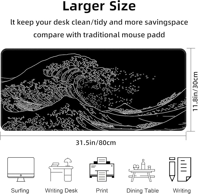 BZU Japanese Sea Wave Extended Big Mouse Pad Large,XL Gaming Mouse Pad Desk Pad,31.5x11.8inch Long Computer Keyboard Mouse Mat Mousepad with 3mm Non-Slip Base and Stitched Edge for Home Office Work