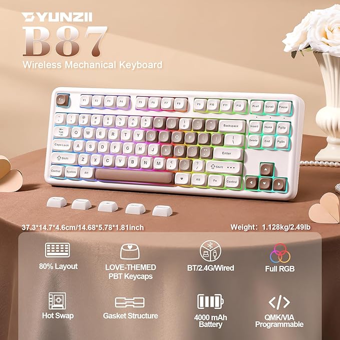 YUNZII B87 Wireless Mechanical Keyboard,QMK/VIA Programmable,TKL Layout 87 Keys,BT/2.4G/USB-C,Hot Swap Gasket Mount RGB Backlit Gaming with Wrist Rest for Win/Mac (Brown Heart, Milk V2)