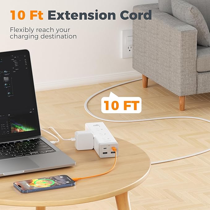 TESSAN Surge Protector Power Strip PD 20W, Ultra Thin Flat Plug 10 FT Extension Cord, 9 Outlets 4 USB(2 USB C), 1050J Protection Multiple Outlets Charging Station for Home, Office, College Dorm Room