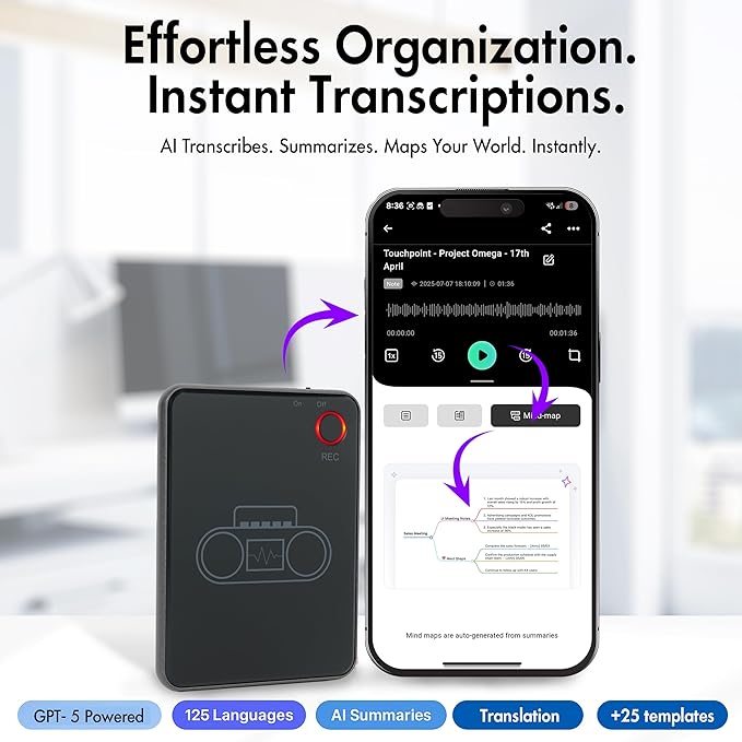 LIMU AI Voice Recorder with App Control - 13h Recording Device, 64GB AI Note Taking Device - GPT 5 Translation, Summaries & Mind Maps (125 Languages), 400 Min/Month, Audio Recorder with Transcription