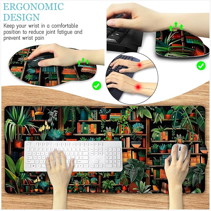 LIMKRIAN Book Mouse Pad Set Large Desk Matt for Desktop, Ergonomic Mouse Pad with Wrist Rest, Gaming Mouse Pad Wrist Support Keyboard Mat Cup Coaster Set Cute Office Desk Decor Accessories