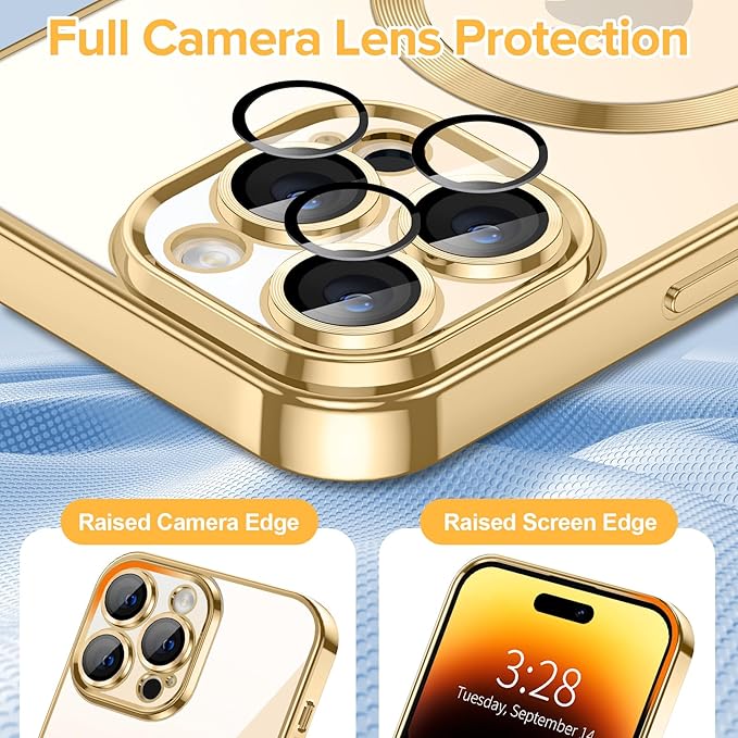 Hython Magnetic Clear for iPhone 14 Pro Max Case with Camera Lens Protector [Compatible with MagSafe] Plating Edge Slim Soft TPU Cover Protective Phone Case for iPhone 14 Pro Max 6.7", Gold