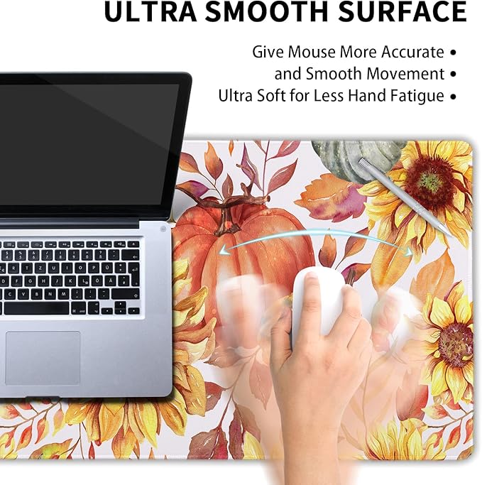 Fall Pumpkin Sunflowers Mouse Pad XL Watercolor Retro Autumn Leaves Floral Extended Desk Mat Non-Slip Rubber Base Stitched Edge Large XL Thanksgiving Mousepad for Desk Gaming Laptop,31.5×11.8 in