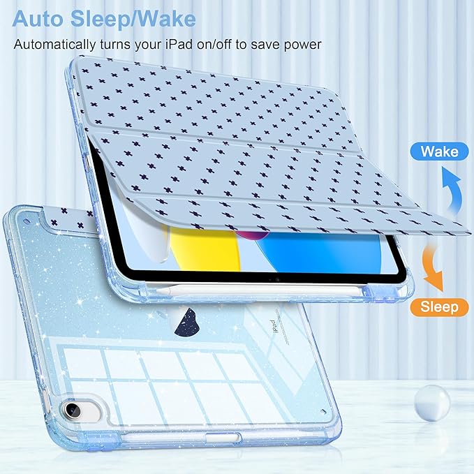 DONGKE for iPad Pro 11 inch Case – Fits M5 2025 / M4 2024, Shockproof Sparkling Glitter Acrylic Back, Pencil Holder, Trifold Stand, Auto Sleep/Wake & Touch ID Support - Blue Cross Dot