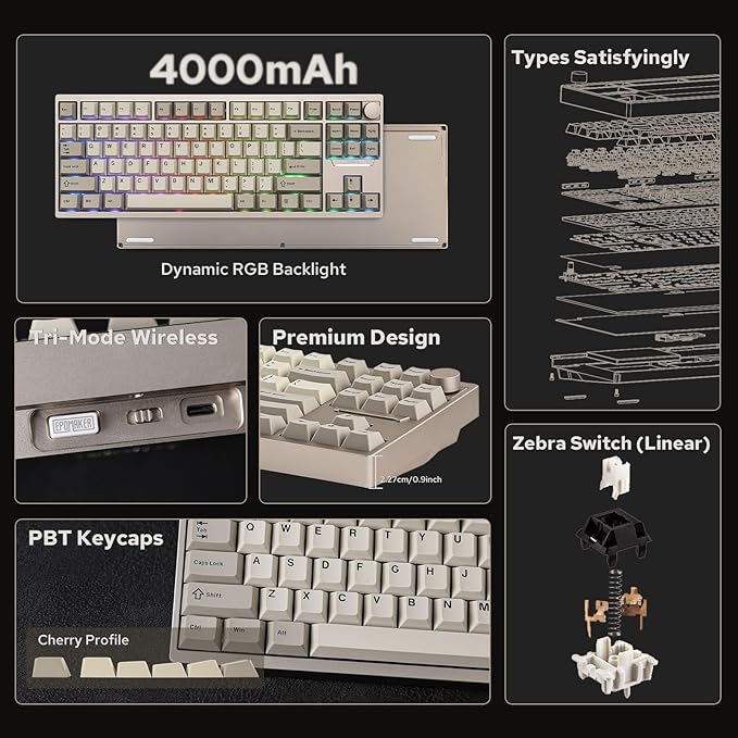 EPOMAKER P87 TKL Aluminum Wireless Gaming Keyboard, QMK/VIA Programmable, 87% BT/2.4Ghz/USB-C, with CNC Metal Knob and RGB Backlight (Khaki, Zebra Switch)