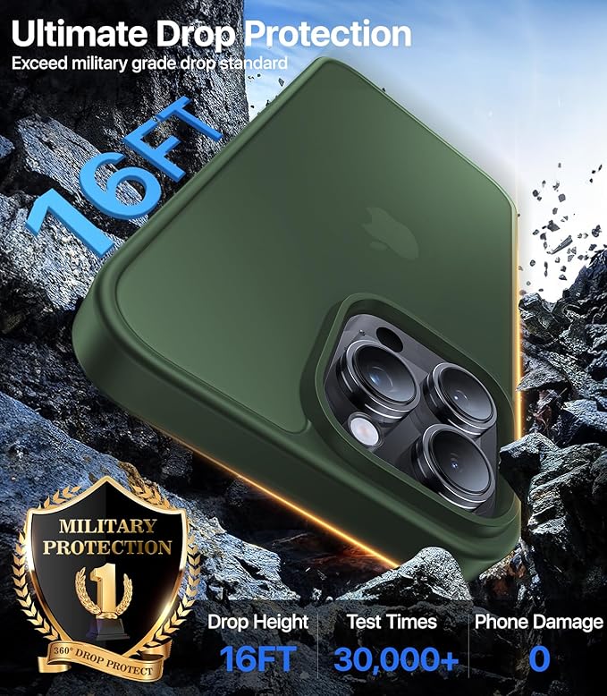 for iPhone 15 Pro Max Case, [Military-Grade Drop Protection][Anti-Yellowing] Shockproof Protective Translucent Matte Cover for iPhone 15 Pro Max Phone Case,Alpine Green