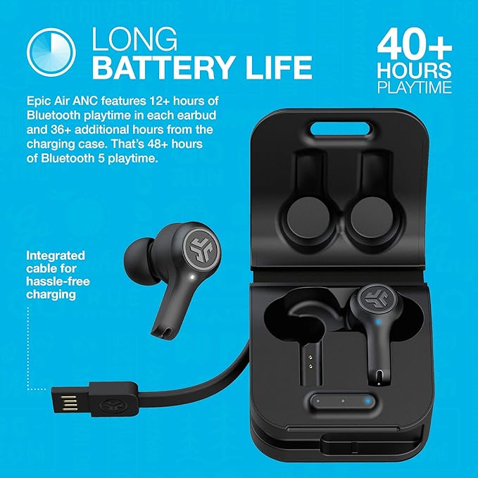 JLab Epic Air ANC True Wireless Bluetooth 5 Earbuds, Active Noise Canceling, IP55 Sweatproof, 12-Hour Battery Life, 36-Hour Charging Case, Low Latency Movie Mode, 3 EQ Sound Settings