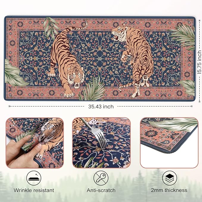 Tiger Desk Matt for Desktop, Floral Gaming Cute Desk Mat, Non Slip Keyboard and Mouse Pad, Stitched Edges Large Desk Pad, Desk Mat for Home Office 35.4 x 15.7 Inches (Pink)