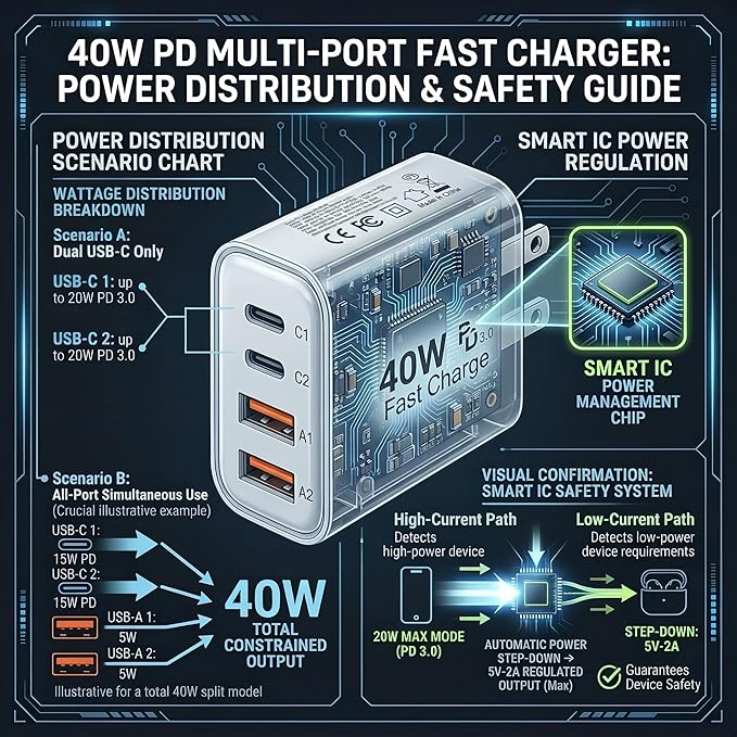USB C Charger Block, 40W 4 Ports USB-C Wall Charger Plug Fast Charging, QC Multiport Adapter, USB A Type C Box Brick Cube Compatible with iPhone 17 16 15 14 13 12 Pro Max, & for Samsung Galaxy