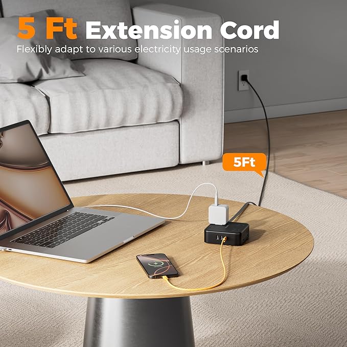 TESSAN Surge Protector Power Strip, 5 Ft Flat Plug Extension Cord with 3 USB (1 USB C) 8 Outlets, 1250W, 900J Protection, 3 Sided Outlet Extender with Power Switch for Office, Dorm Room, Black