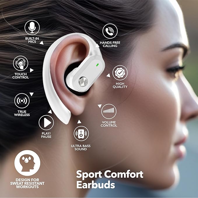 RCA Wireless Earbuds Bluetooth 5.3 Headphones Sport Sweat Resistant Sports Earphones with Earhooks,48H Playtime,Lightweight 7.8g,Fast Charging Case,Noise Cancelling Mic for Running Gym Workout-White