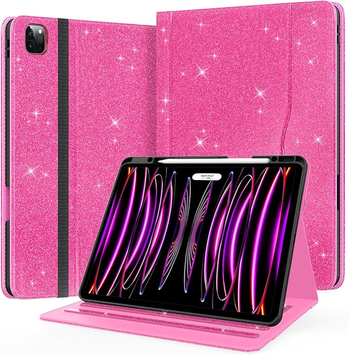 Zonefoker Case for New iPad Pro 12.9 inch 6th/5th/4th/3rd Generation 2022/2021/2020/2018, 12.9'' ipad Pro Leather Protective Cover 6/5/4/3 Gen with Pencil Holder, Auto Wake/Sleep, Glitter Pink