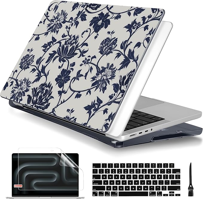 Batianda for MacBook Pro 14 Inch Case 2026-2021 Release M5 M4 M3 M2 M1 Pro/Max, 1.2mm Slim Graphic Hard Shell Cover with Keyboard Cover, Screen Protector 4-in-1 Bundle, Navy Flowers