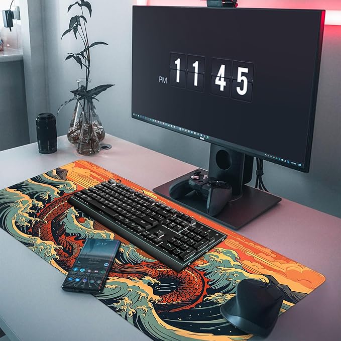 Wave Sea Dragon Gaming Mouse Pad,Anime Mouse Pad Gaming 31.5 x 11.8 in Mouse Mat Desk Pad,Extended Keyboard Pad Large Desk Mat Mousepad with Non-Slip Base and Stitched Edge for Home Office