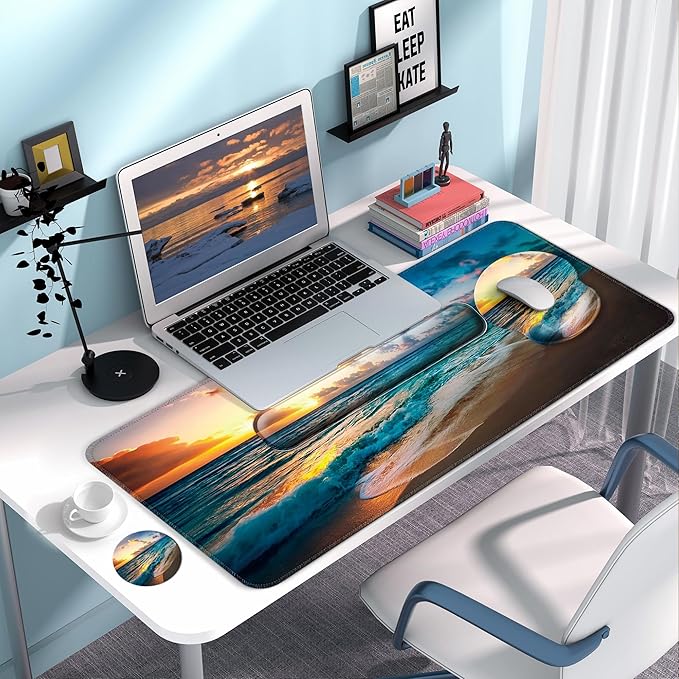 Desk Mat Set + Keyboard and Mouse Pad with Wrist Rest Support,4-in-1 Large Mousepad Computer Mats for Desktop Home & Office-Sunset Sea