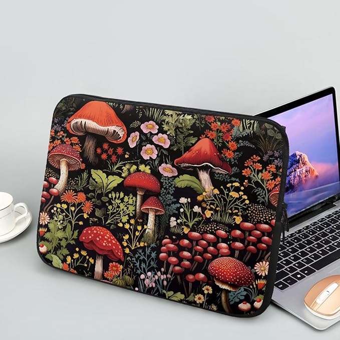 Mushroom Laptop Protective Sleeve for Women Men 12 inch Flower Computer Sleeve Neoprene Laptop Bag Lightweight Lap Top Case Suitable for Travel School Office Organizers Black