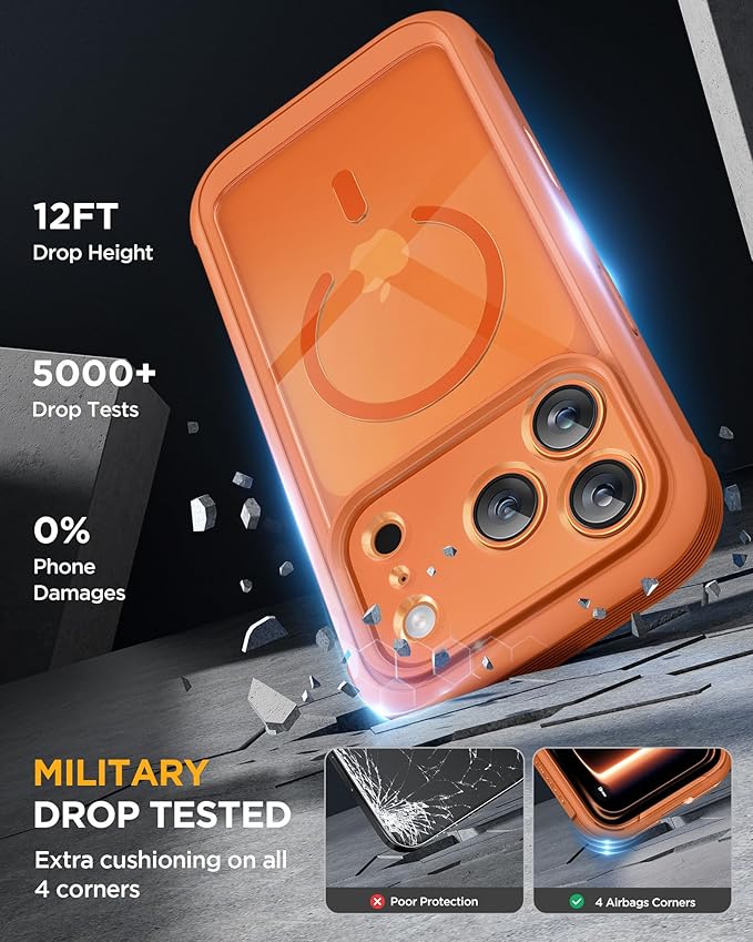 Miracase Magnetic for iPhone 17 Pro Case 6.3" [Compatible with MagSafe] Full-Body Phone Case with Built-in Glass Screen Protector & Camera Control,Drop Proof iPhone 17 Pro Cover, Orange