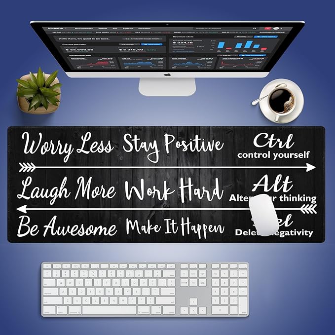 Extra Large Gaming & Office Mouse Pad (31.5" x 11.8") – Stay Positive Work Hard Inspirational Quote & Rustic Black Wood Grain, Premium Anti-Slip XXL Desk Mat with Durable Stitched Edges