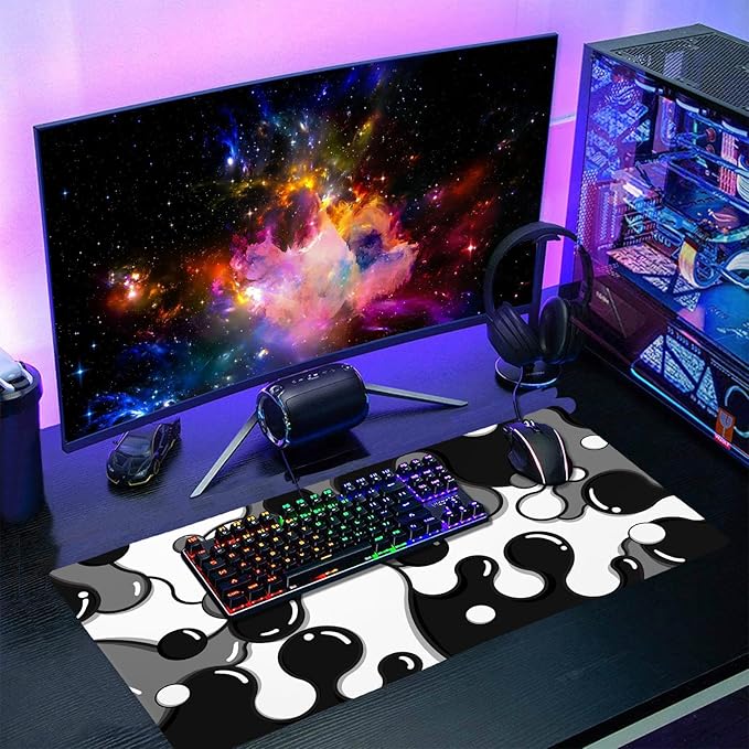 Black White Grey Mouse Pad XL Large Anime Cool Geometric Japanese Extended Desk Mat 60x35 CM Non-Slip Rubber Base Stitched Edge Large Mousepad for Desk Gaming Laptop Desktop,24x14 Inch