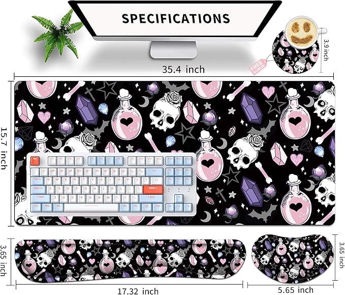 Large Gaming Mouse Pad Set 35.4 x 15.7 with Keyboard Wrist Rest, Wrist Support, and Coaster Memory Foam Smooth Desk Pad Mousepad for Home Office School - Skull Goth Magic Cute Witchy