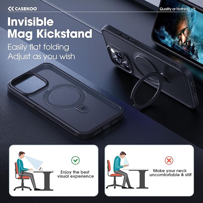CASEKOO for iPhone 15 Pro Case with Magnetic Invisible Stand [Military Drop Protection] [Compatible with MagSafe] Shockproof Slim Translucent Matte Case 6.1 Inch, Black, for Man/Woman