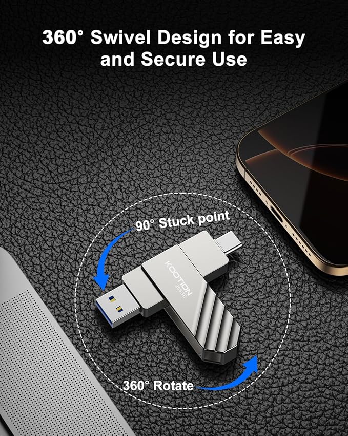 KOOTION USB 3.2 Flash Drive 256GB, Up to 450 MB/S Read Speed USB C Memory Stick, Dual USB C Thumb Drive with USB Type-C and USB A, Swivel Metal Pen Drive for Smartphones/Tablet/Laptop/Mac/Car/TV