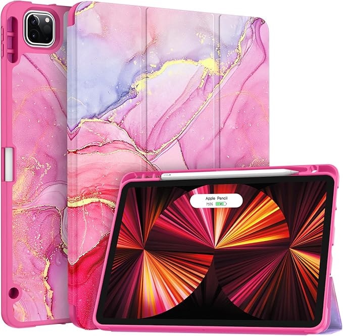 Soke for iPad Pro 11 Case (M2) 2022/2021/2020 with Pencil Holder - [Full Body Protection + Apple Pencil Charging + Auto Wake/Sleep], Soft TPU Back Cover for 2022 iPad Pro 11 inch(Hot Pink Marble)