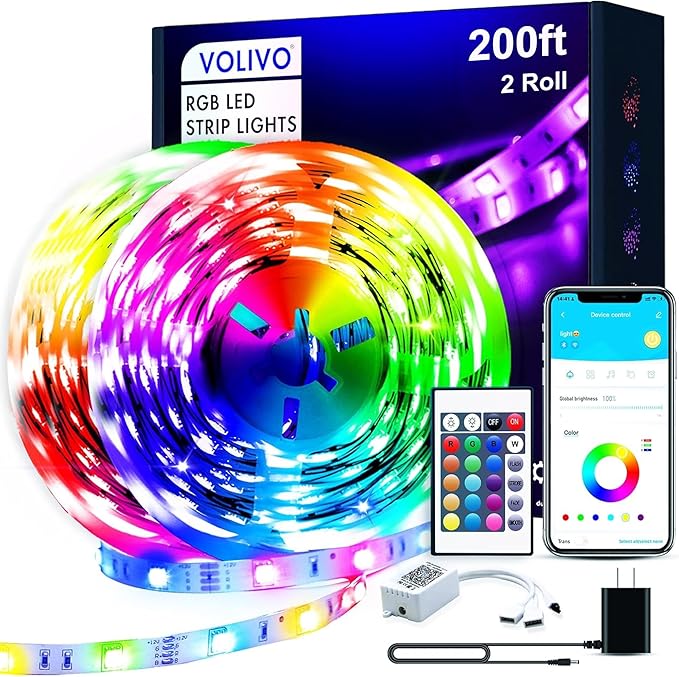 VOLIVO 200ft Led Strip Lights for Bedroom, Color Changing Led Light Strips Kit with Bluetooth App Control and IR Remote, RGB Music Sync Lighting for Room, Home Decor