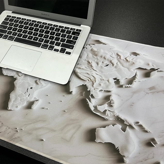 White Marble World Map Desk Pad – Large Mouse Mat for Keyboard and Mouse, Topographic Non-Slip Surface for Desktop